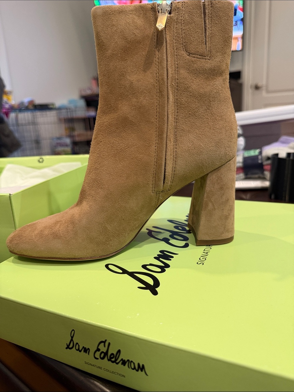Sam Edelman Suede Block Heel Ankle Boot in Camel/Tan
